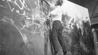 AUSTRIA - JANUARY 01:  French Painter Georges Mathieu during one of his special paint performances. Photography. 1959.  (Photo by Imagno/Getty Images) [Georges Mathieu, franz. Maler bei seiner legendaeren Malaktion im Theater am Fleischmarkt. Photographie. 1959.]